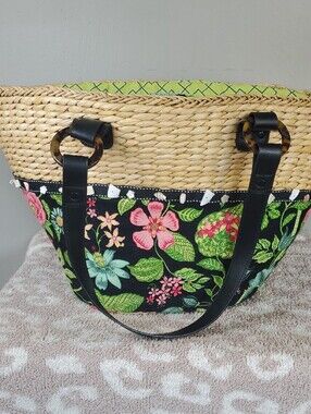 Vera Bradley Straw Tote with Black Floral Print and Black Handles